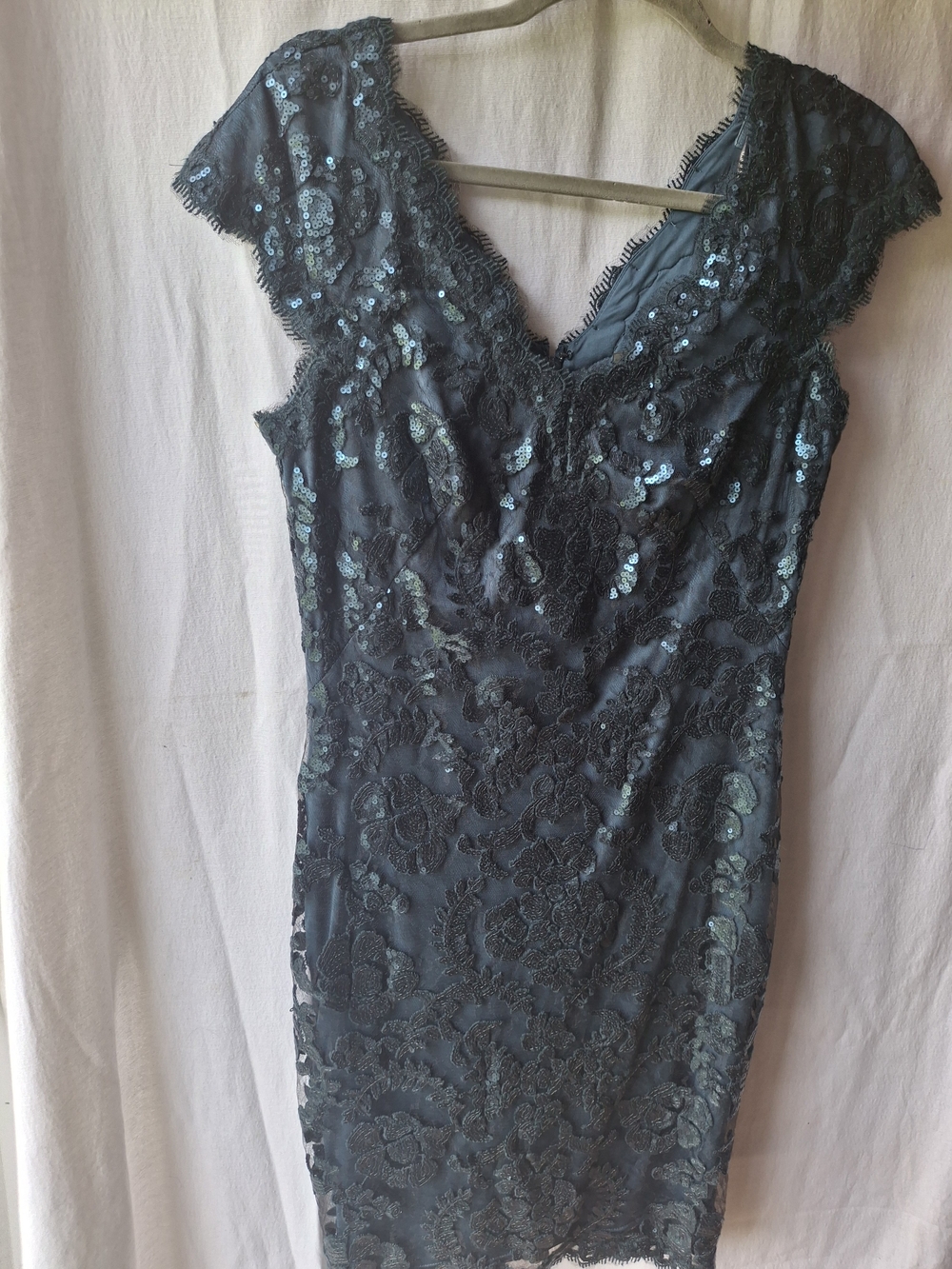 Tadashi Shoji Navy Lace & Sequin V-Neck Midi Dress